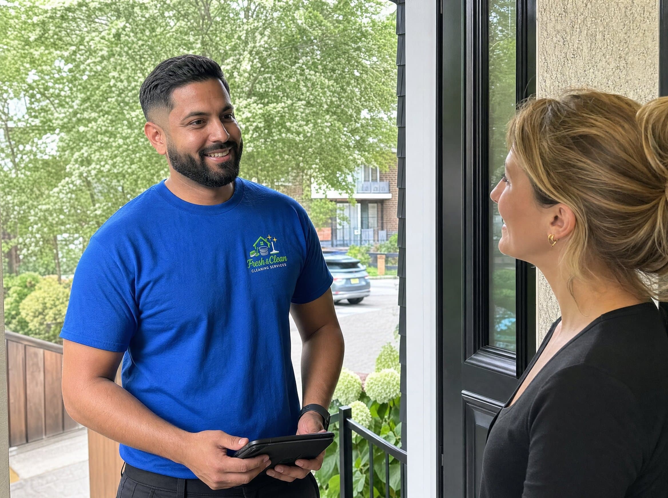Fresh & Clean team member talking with a client during an estimate visit