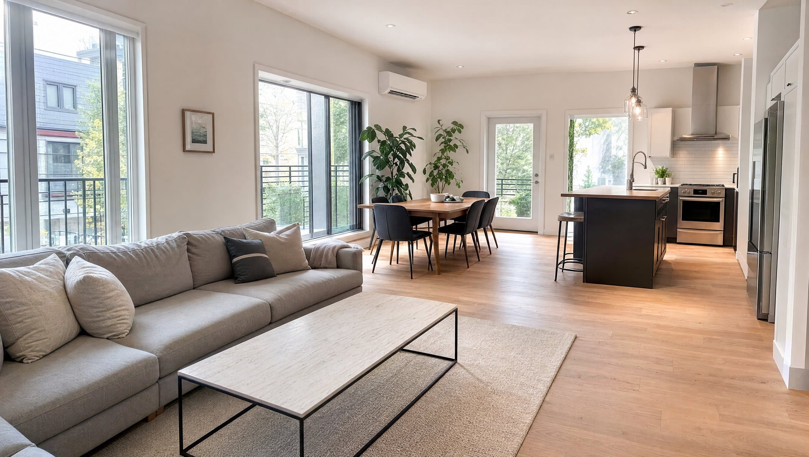 Spacious, clean living room and kitchen in a home in Montreal