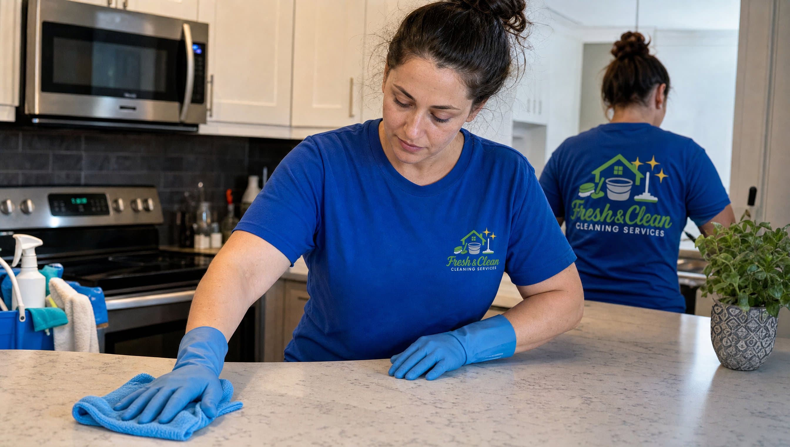 Fresh & Clean staff member wiping a kitchen counter during a recurring home cleaning in Montreal