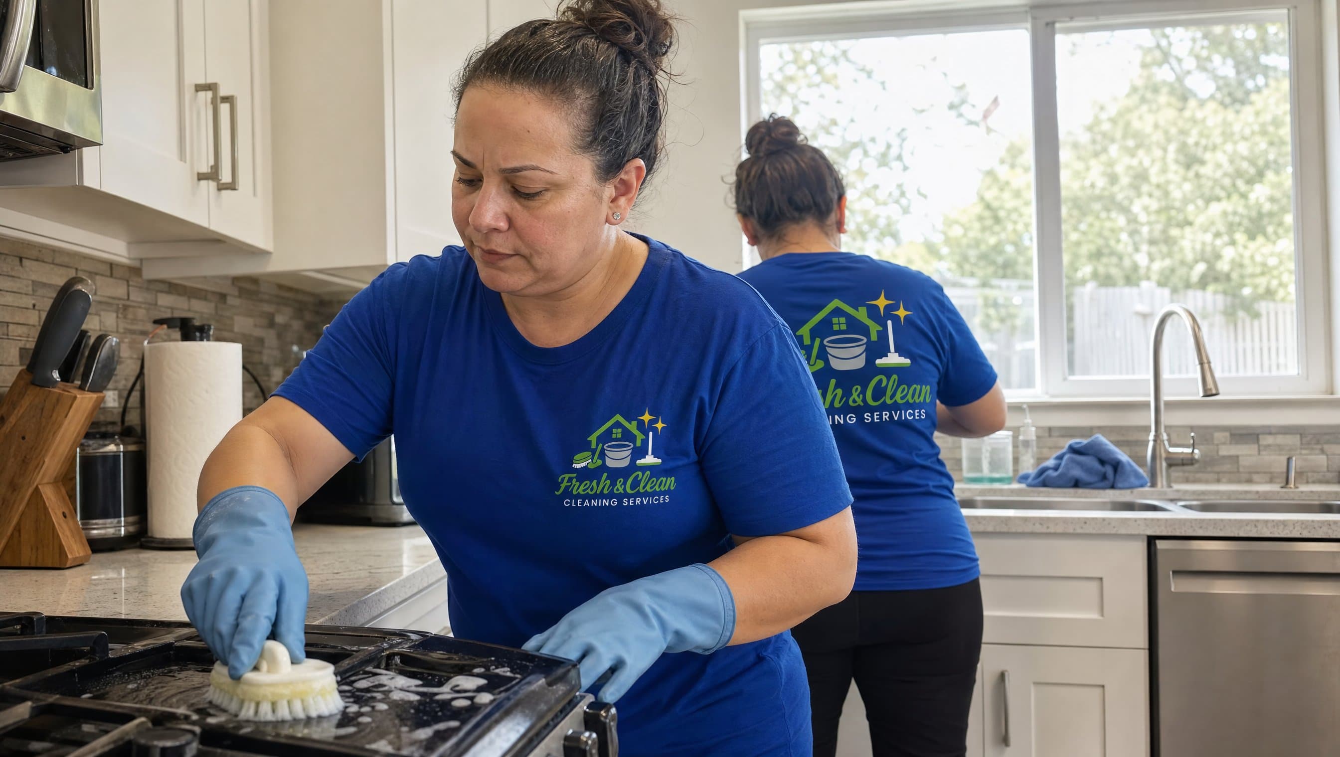 Fresh & Clean staff member scrubbing a stovetop during a deep cleaning in Montreal