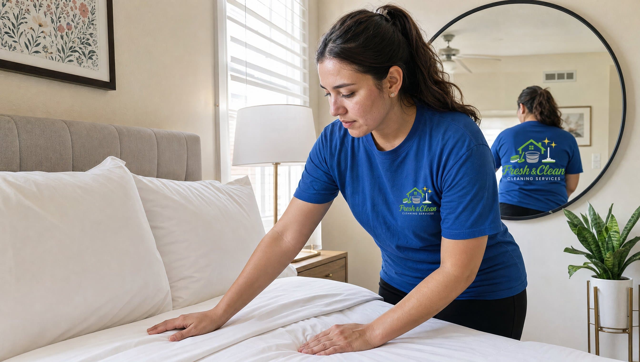 Fresh & Clean staff member making a bed during an Airbnb turnover cleaning in Montreal