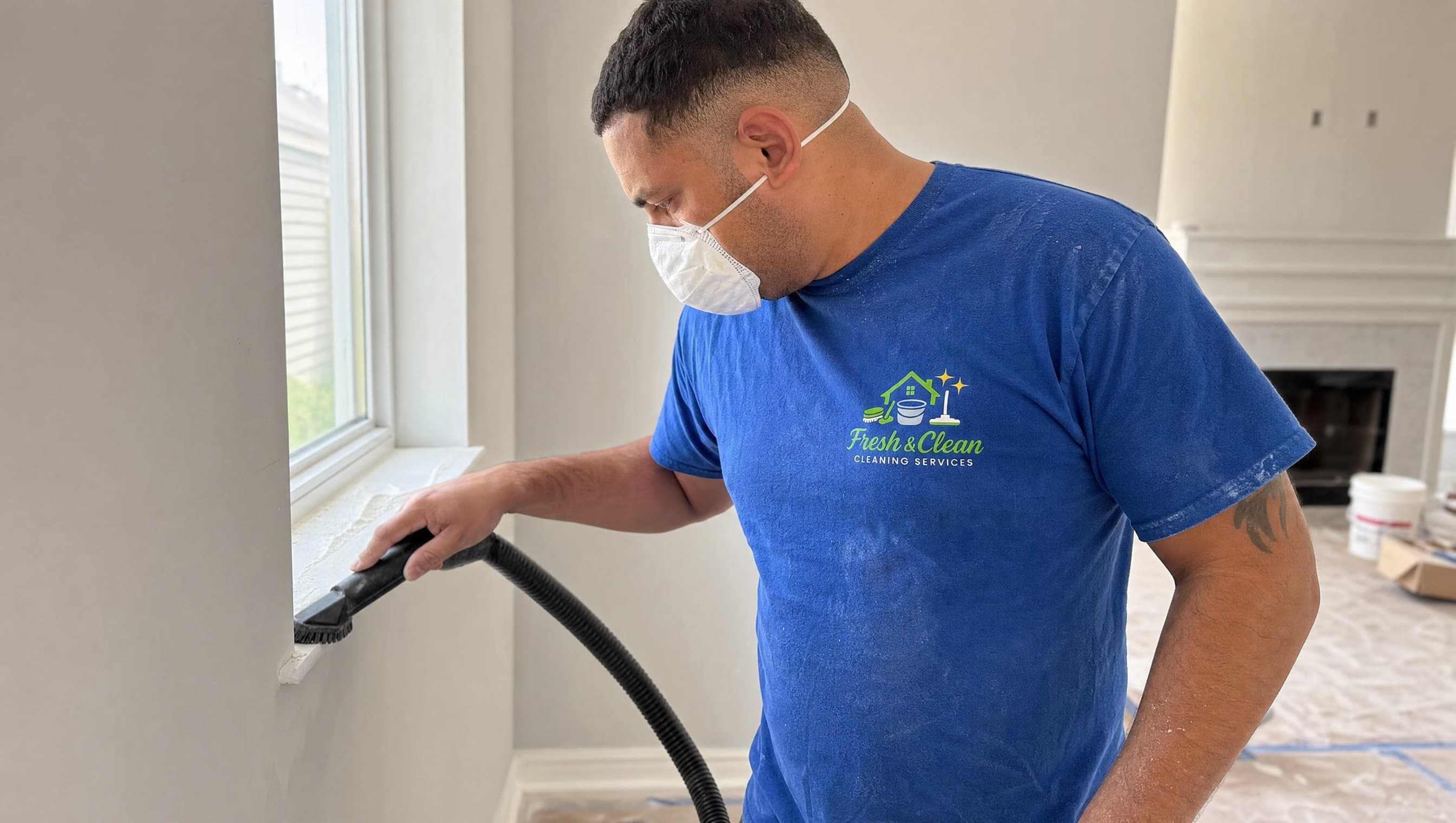 Employé Fresh & Clean aspirant la poussière de construction lors d'un ménage après rénovation