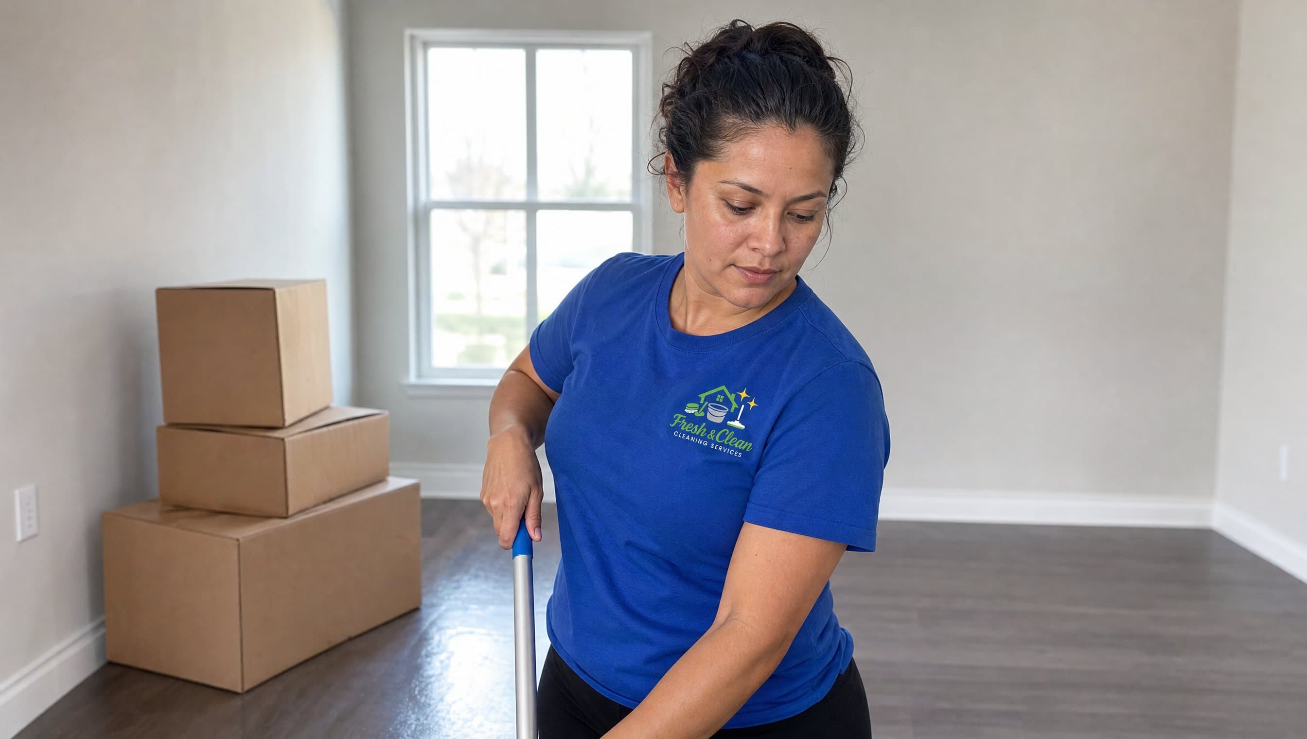 Employée Fresh & Clean passant la moppe dans un appartement vide après un déménagement
