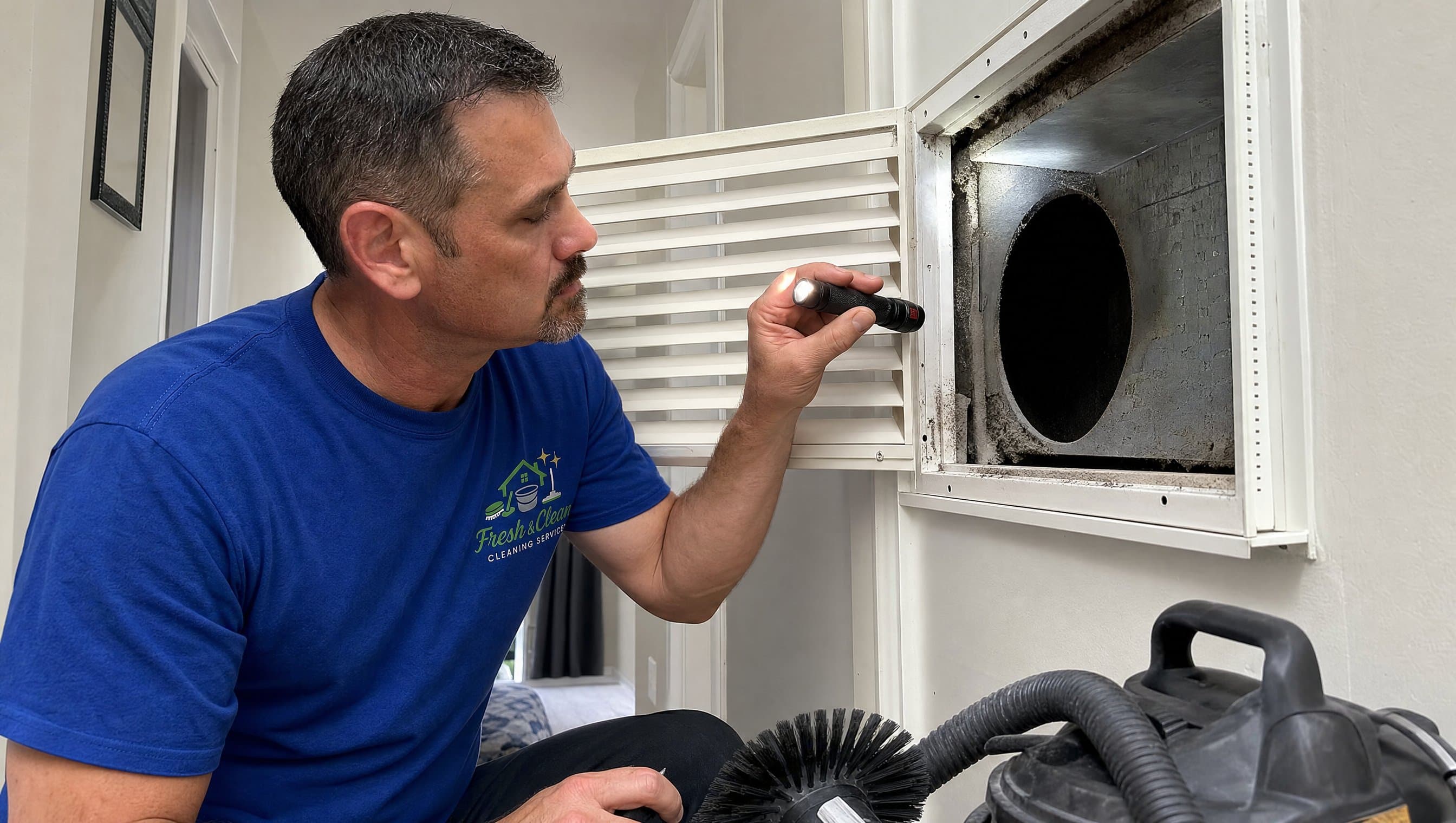 Fresh & Clean technician inspecting an air vent duct in Montreal