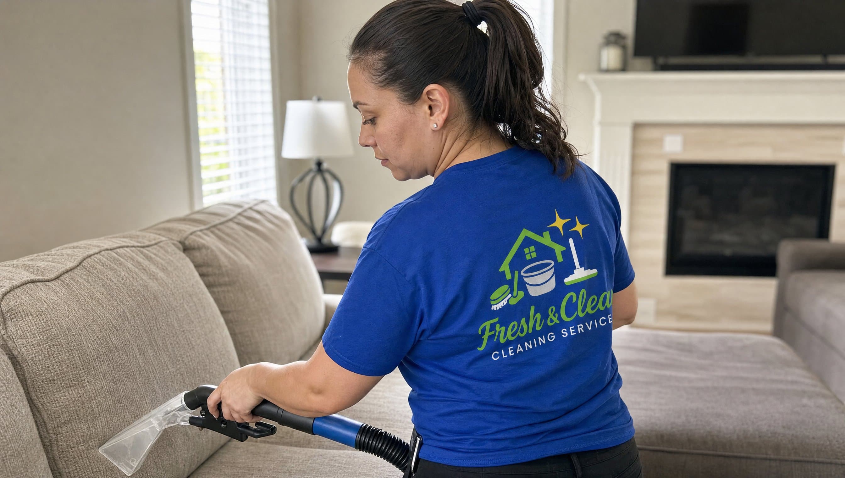 Employée Fresh & Clean utilisant une extractrice sur un divan lors d'un nettoyage de tapis et meubles