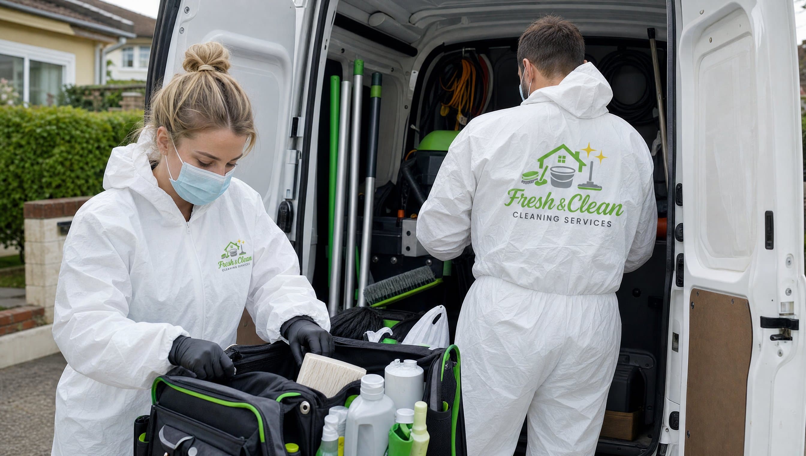 Fresh & Clean team discreetly preparing equipment for a hoarding cleanup intervention